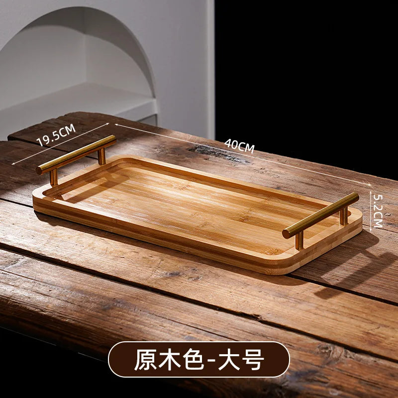 Wooden Tray with Golden Metal Handle for Water Cup Fruit Food Bread Sundries Serving Tray Household Organizer
